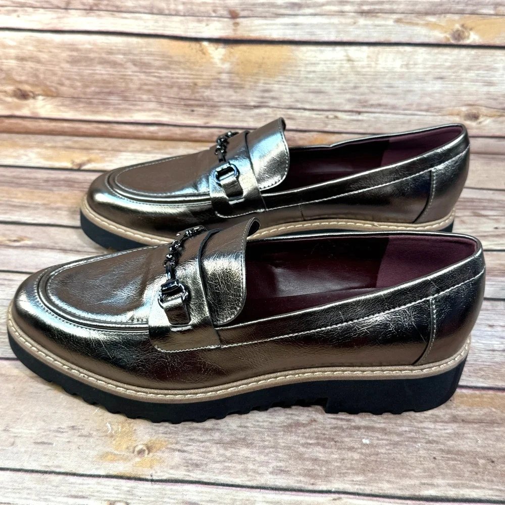 Franco Sarto Womens Metallic Pewter Faux Leather Chunky Sole Colette Loafers 7M
